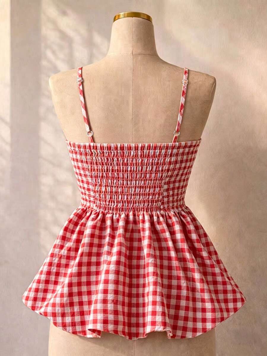 Women's Summer Camisole, Women's Plaid Camisole Top For Vacation, Graduation, Wedding, Back To School, Vintage Style, Party, Lunch, Cute Casual Summer, Sweet Romantic Country Style, Textured, Loose Comfortable Hem Camisole Pink