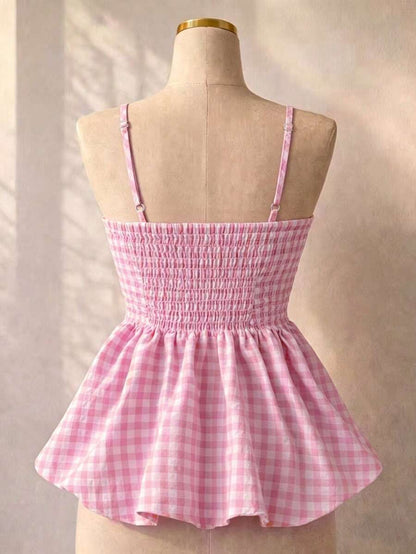 Women's Summer Camisole, Women's Plaid Camisole Top For Vacation, Graduation, Wedding, Back To School, Vintage Style, Party, Lunch, Cute Casual Summer, Sweet Romantic Country Style, Textured, Loose Comfortable Hem Camisole Pink