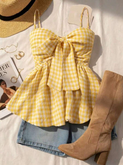 Women's Summer Camisole, Women's Plaid Camisole Top For Vacation, Graduation, Wedding, Back To School, Vintage Style, Party, Lunch, Cute Casual Summer, Sweet Romantic Country Style, Textured, Loose Comfortable Hem Camisole Pink