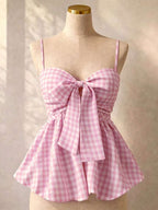 Women's Summer Camisole, Women's Plaid Camisole Top For Vacation, Graduation, Wedding, Back To School, Vintage Style, Party, Lunch, Cute Casual Summer, Sweet Romantic Country Style, Textured, Loose Comfortable Hem Camisole Pink