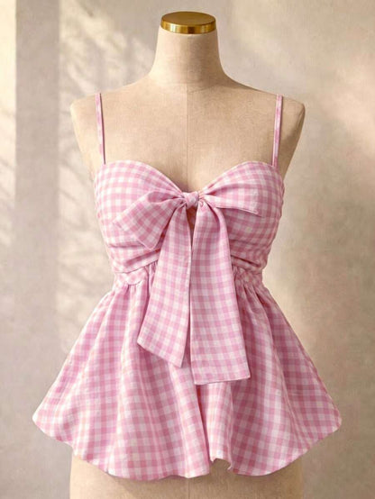 Women's Summer Camisole, Women's Plaid Camisole Top For Vacation, Graduation, Wedding, Back To School, Vintage Style, Party, Lunch, Cute Casual Summer, Sweet Romantic Country Style, Textured, Loose Comfortable Hem Camisole Pink
