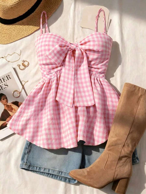 Women's Summer Camisole, Women's Plaid Camisole Top For Vacation, Graduation, Wedding, Back To School, Vintage Style, Party, Lunch, Cute Casual Summer, Sweet Romantic Country Style, Textured, Loose Comfortable Hem Camisole Pink