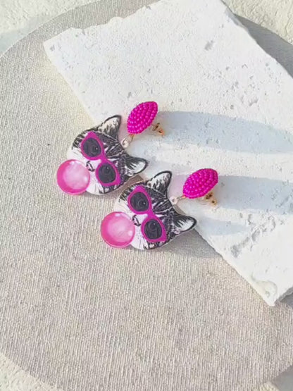 Pink Snail Funny Cute Statement Bubble Blowing Glasses Wearing Cat Design Acrylic Resin Drop Dangle Earrings For Women And Girls, Holidays, Valentines, Christmas, New Year, Birthday Gifts, Fashion Jewelry